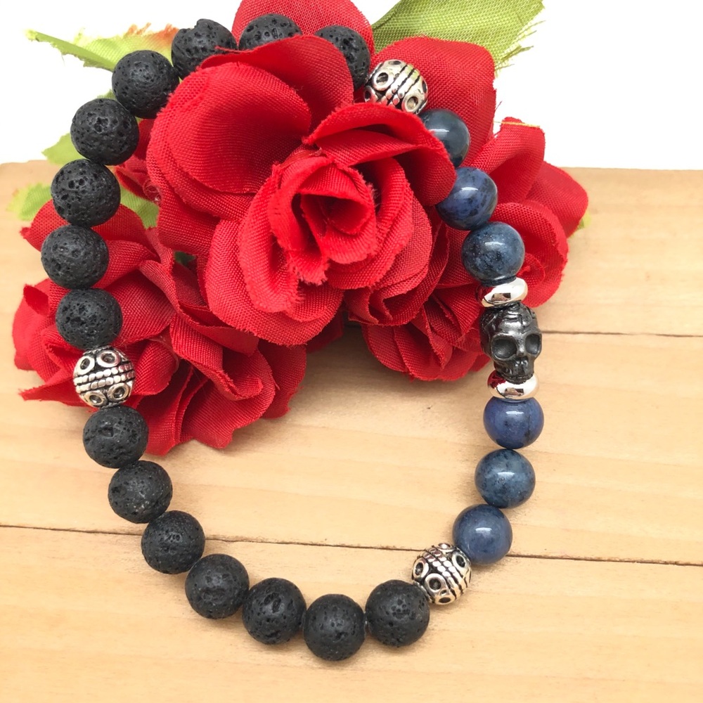 Mens Black Human Skull Lava Rock Sodalite Bracelet